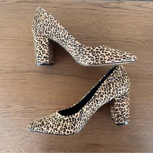 Leopard Print Faux Hair Brown and Tan Block Heel Pointed Pumps, Size 8